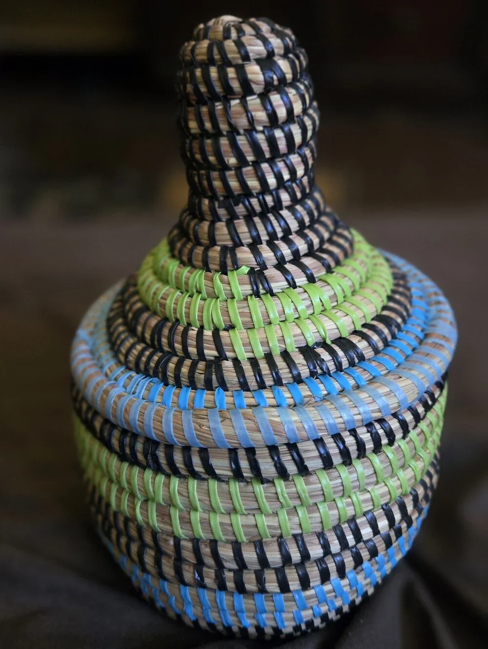 Handwoven Blue & Green Decorative Lidded Basket -Handmade